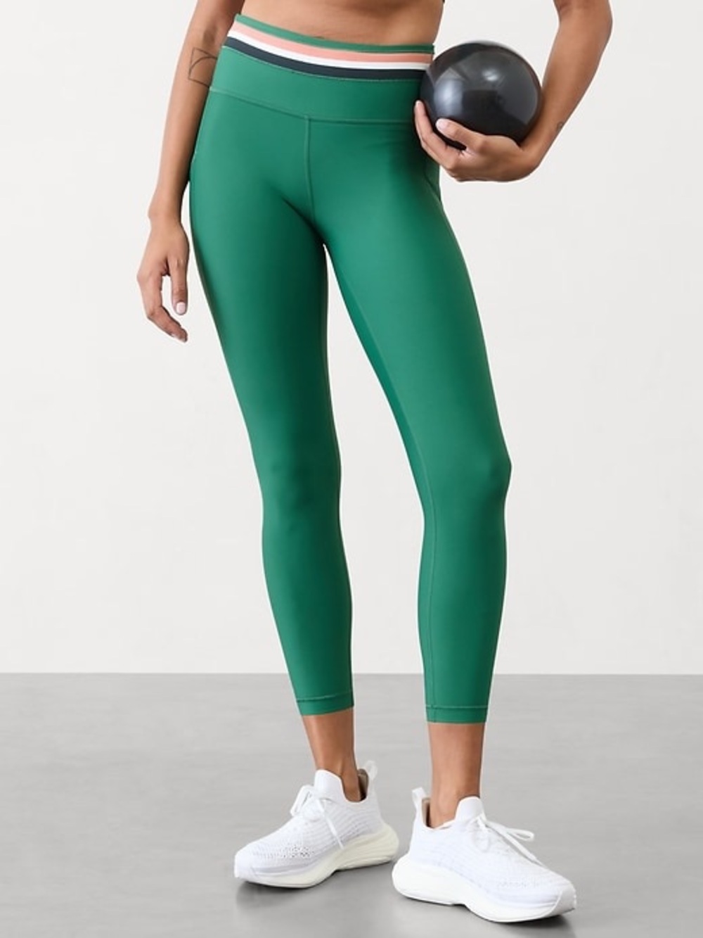 Athleta Emerald Green High-Rise Leggings with Striped Waistband